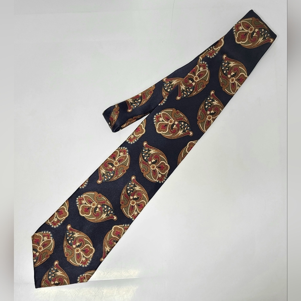 Oscar de la Renta Couture Vintage Silk Tie Navy Red & Brown Paisley Print 80's - Picture 6 of 9